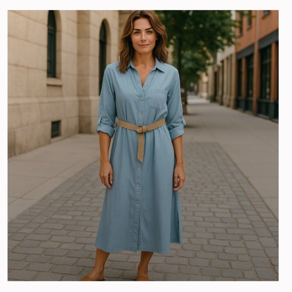 ZARA Light denim Blue Belted Shirt Dress sze L Midi Cotton Tailored NWT
